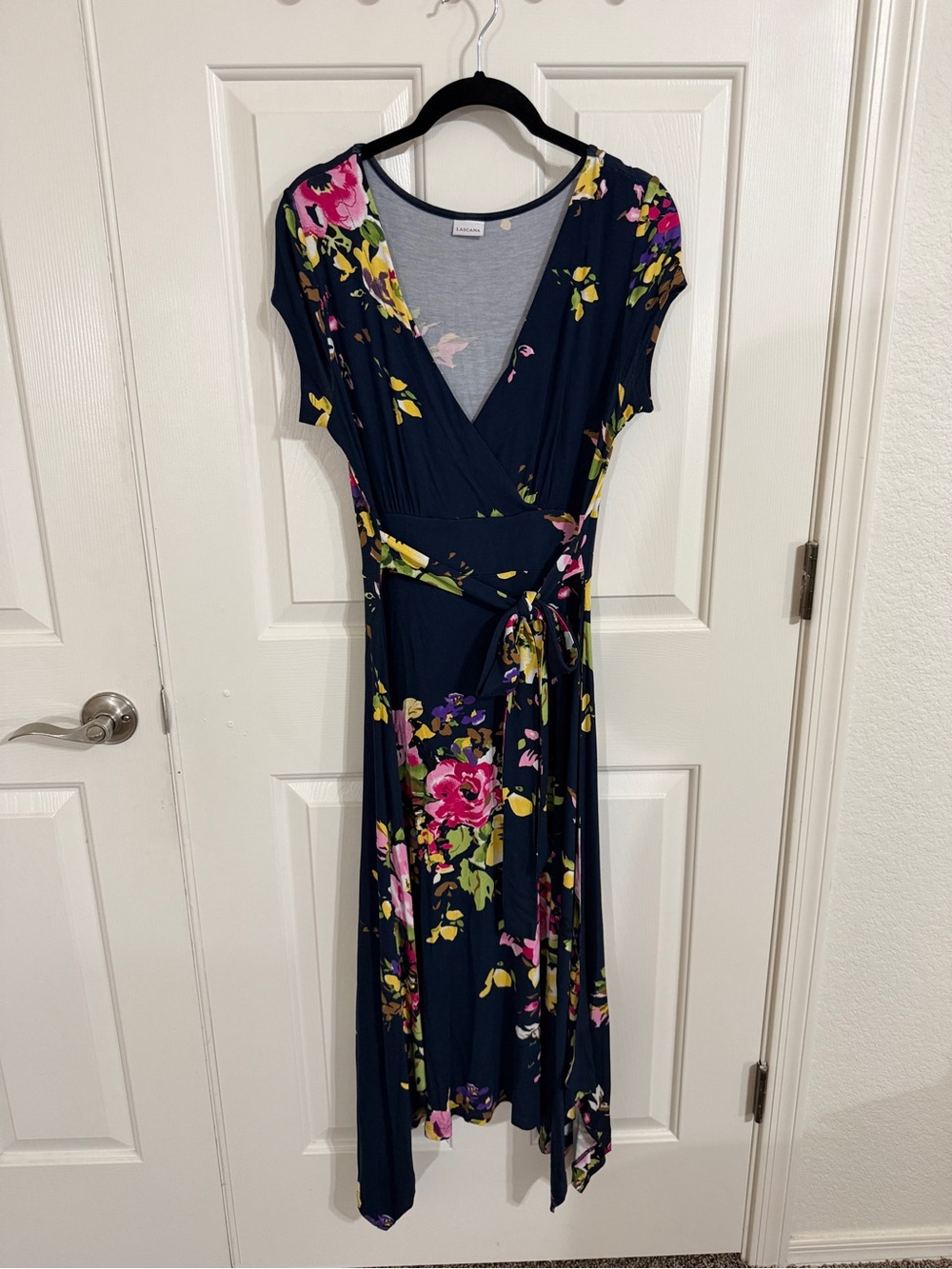 LASCANA Navy Floral Wrap Maxi Dress US 6/EUR 38 Tie Waist Short Sleeve